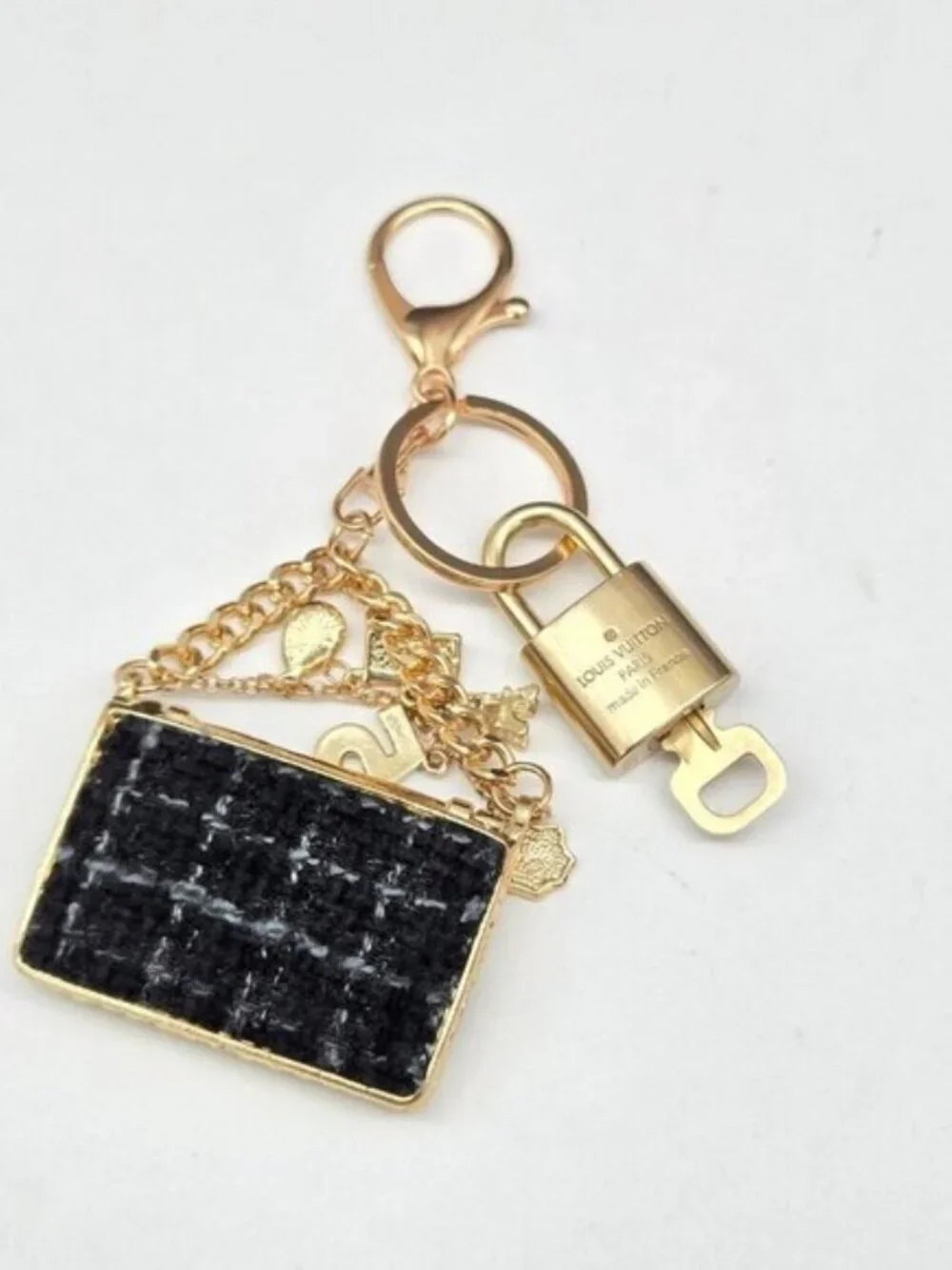 Authentic Louis Vuitton Padlock & Key Gold ✨Unbranded Tweed Bag Charm Keychain